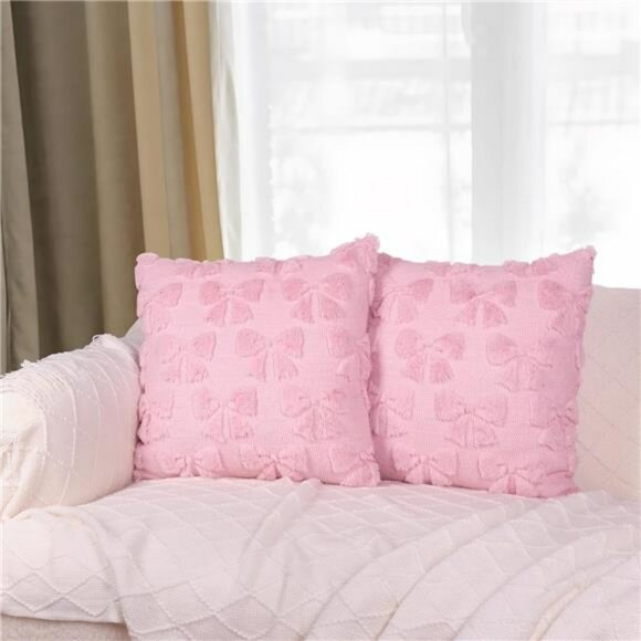 Pink Bow Pillow Covers 18x18 Set of 2 Plush Faux Fur Coquette Christmas Cushion - Picture 5 of 7
